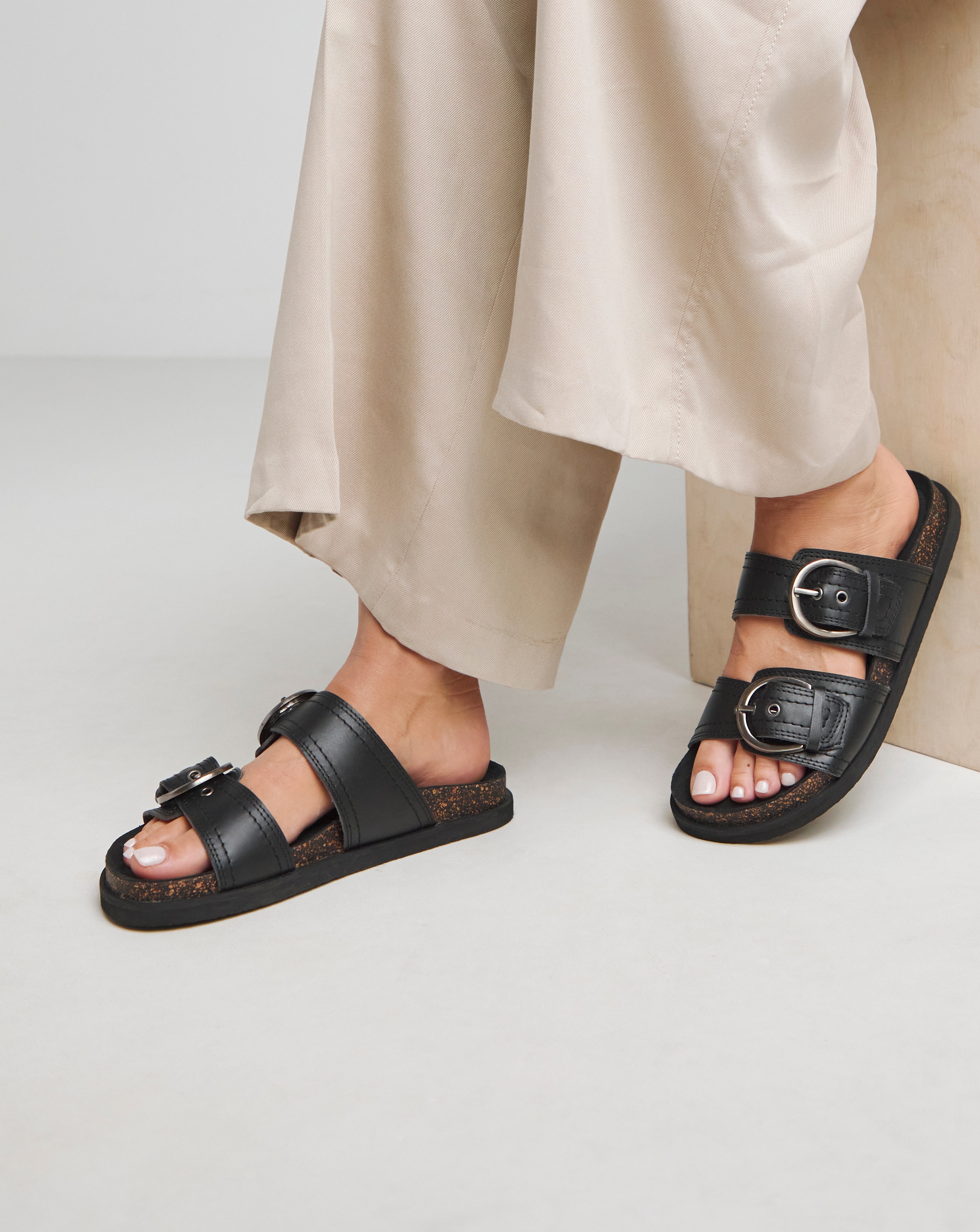 Leather Double Buckle Sandal Wide