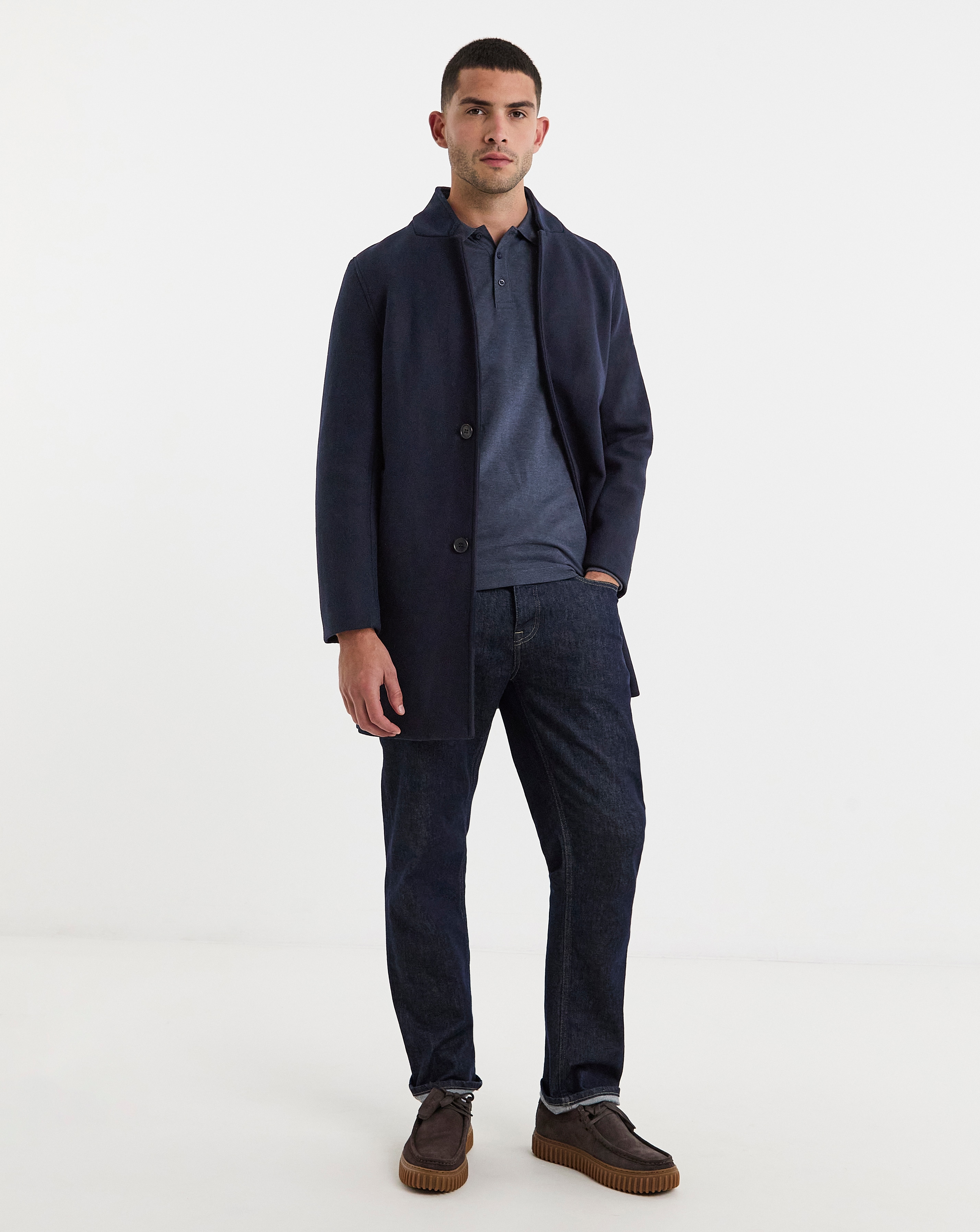 Navy Faux Wool Turn Up Collar Coat