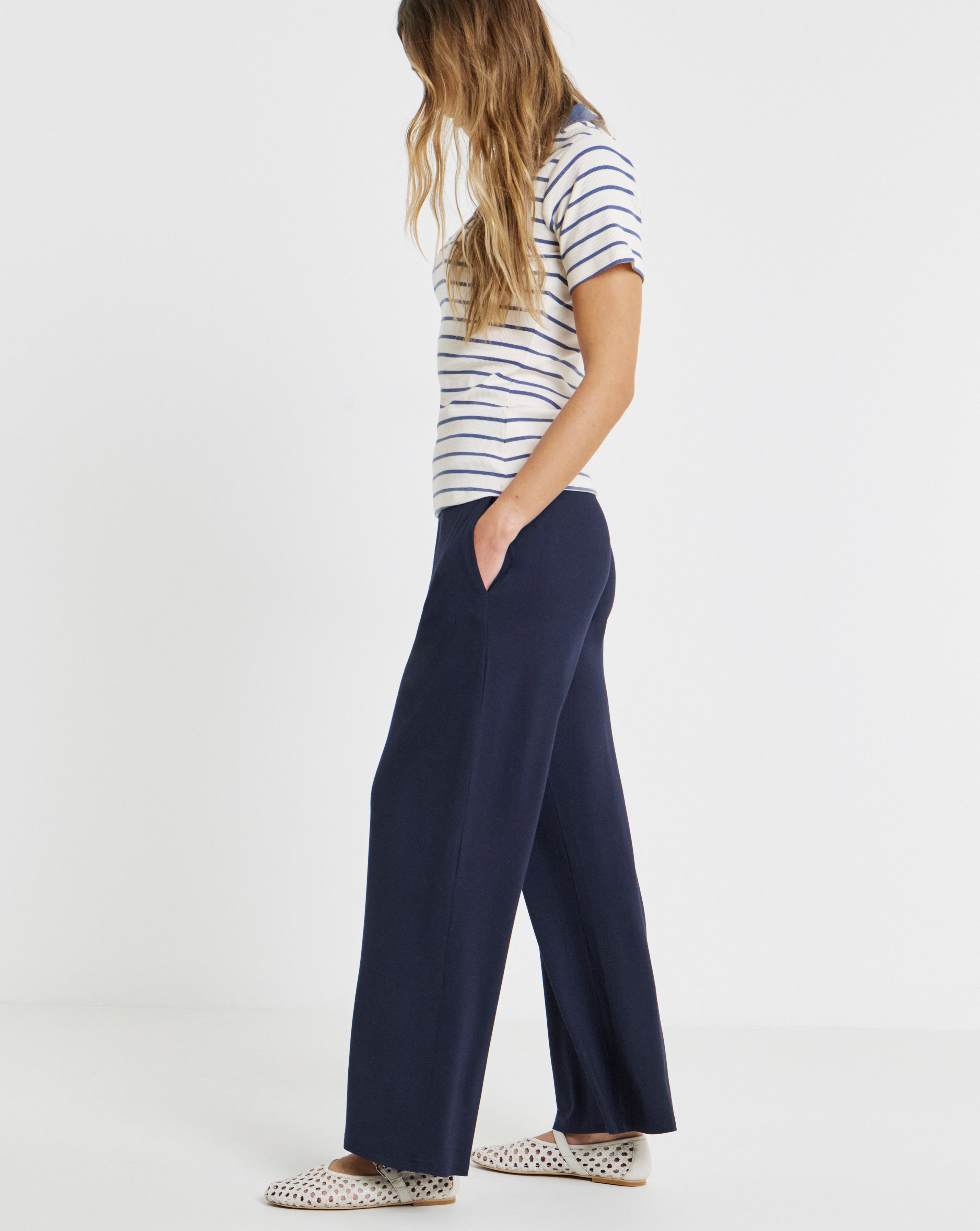 Navy Jersey Wide Leg Trouser
