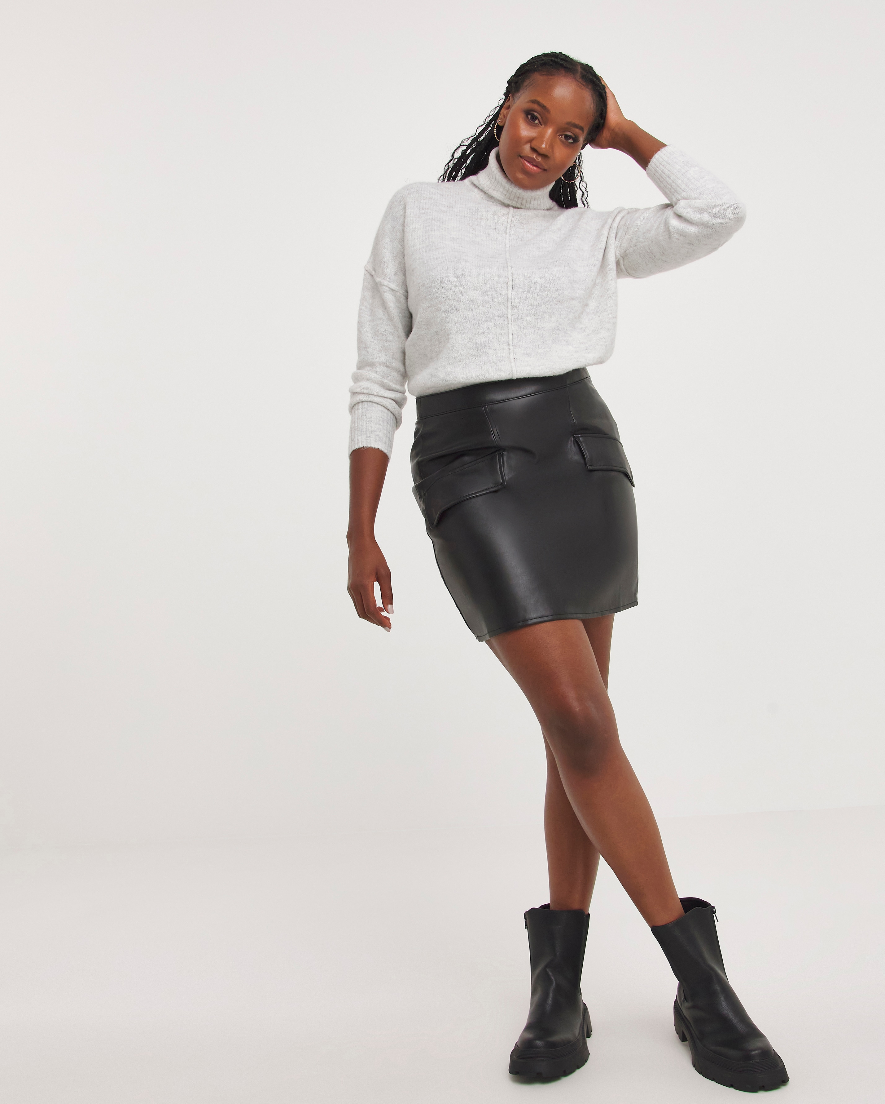 Black Pocket Stretch PU Mini Skirt