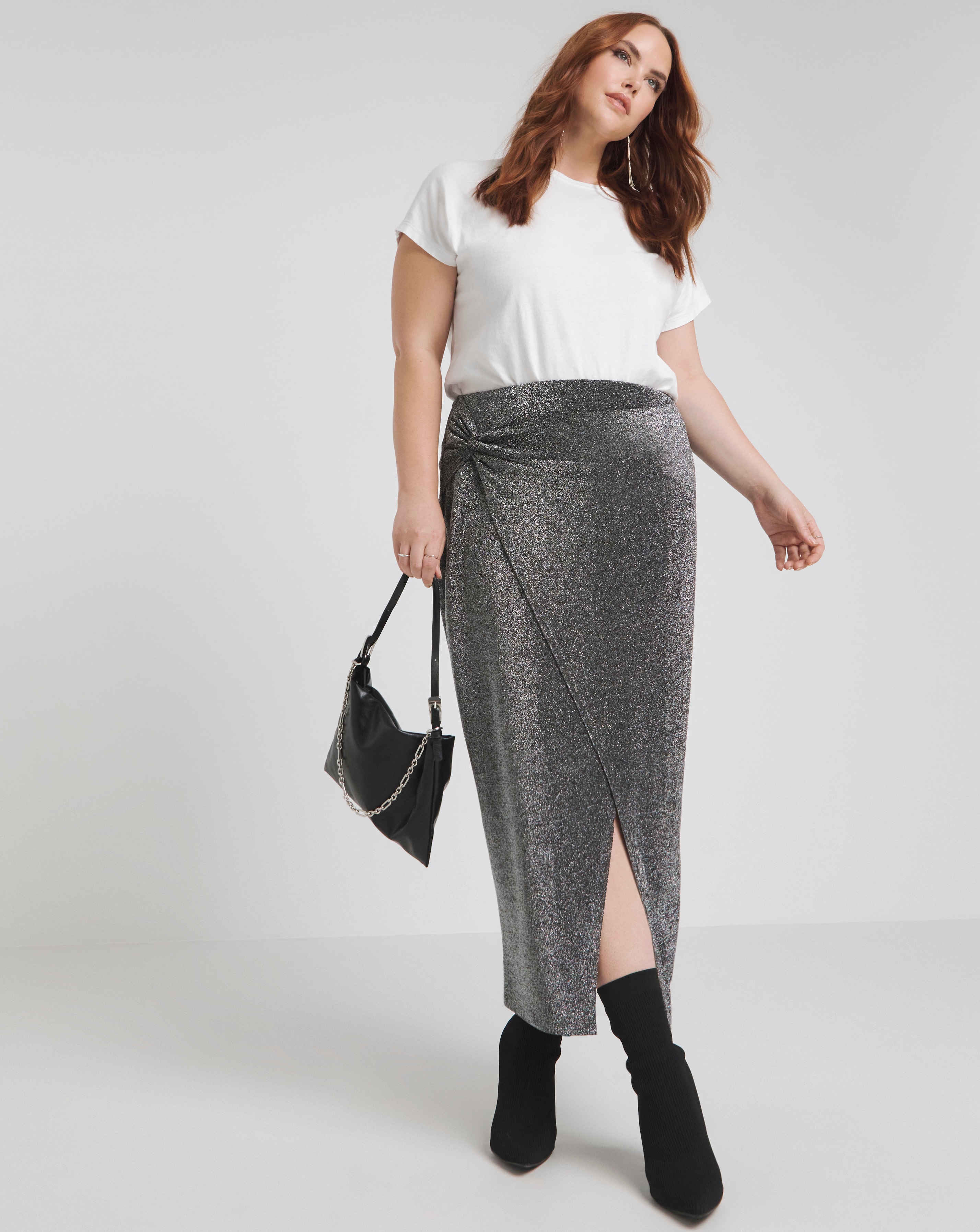 Silver Glitter Knit Twist Side Skirt