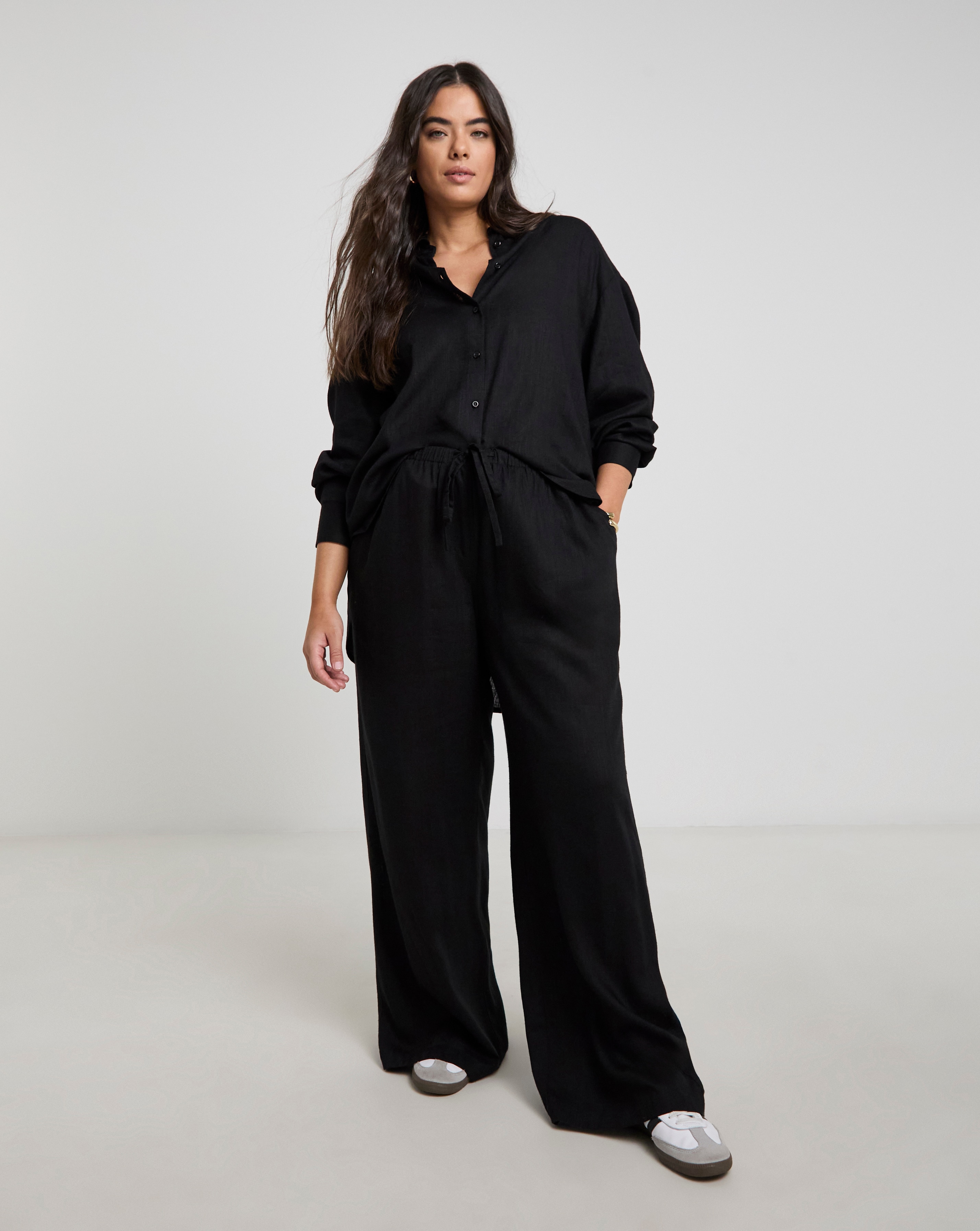 Tie Waist Wide Leg Linen Mix Trousers