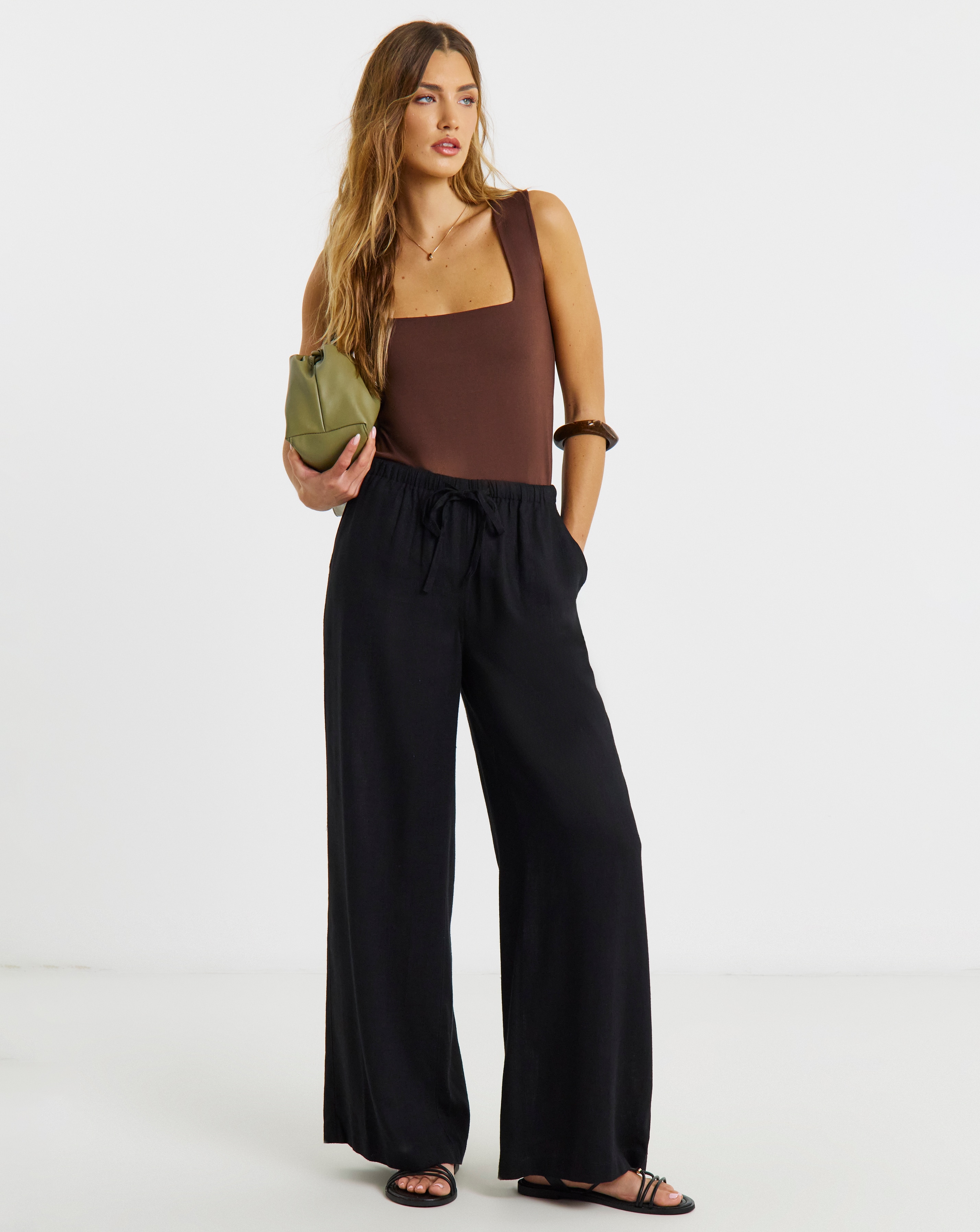 New In - Tie Waist Wide Leg Linen Mix Trousers