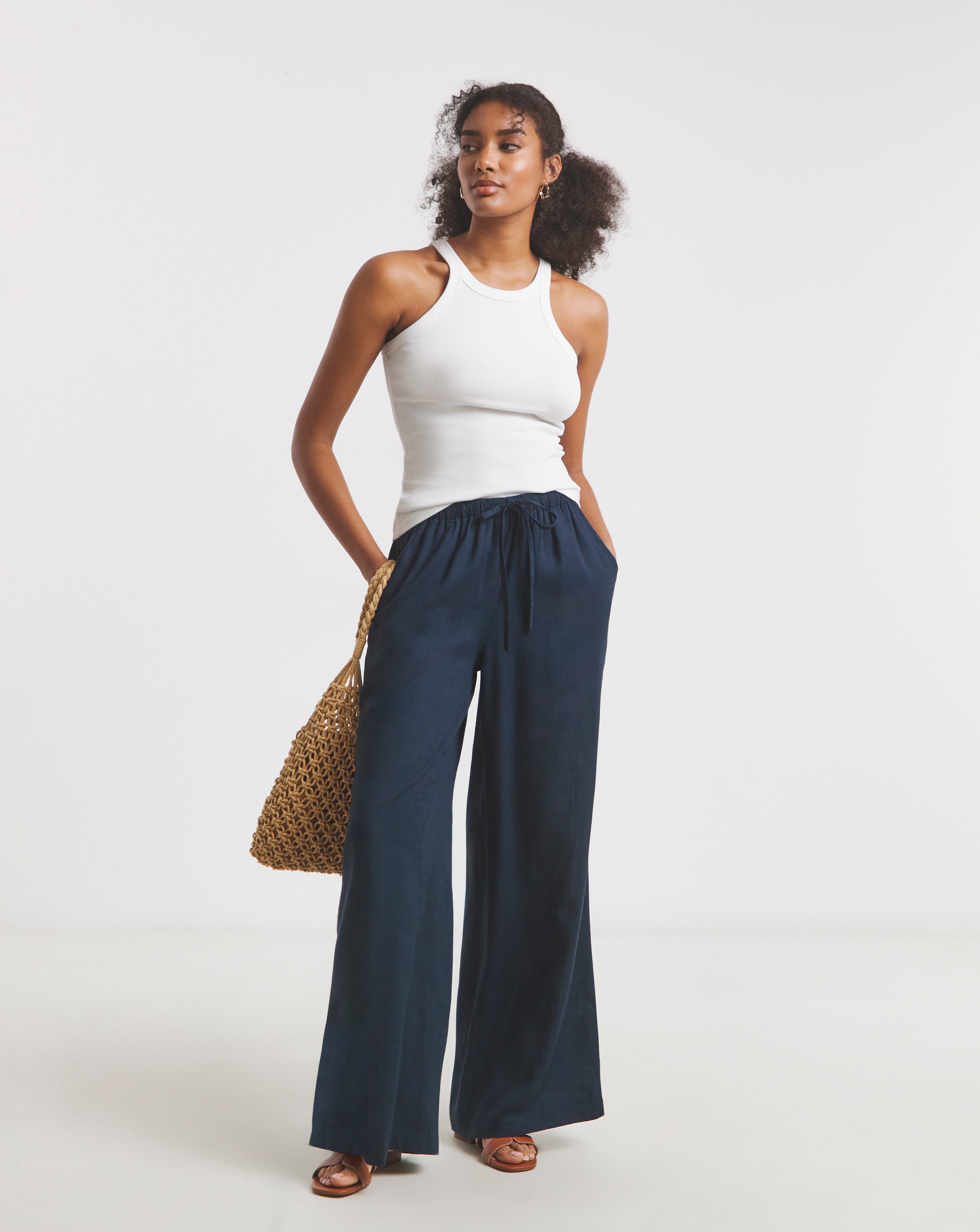 Tie Waist Wide Leg Linen Mix Trousers