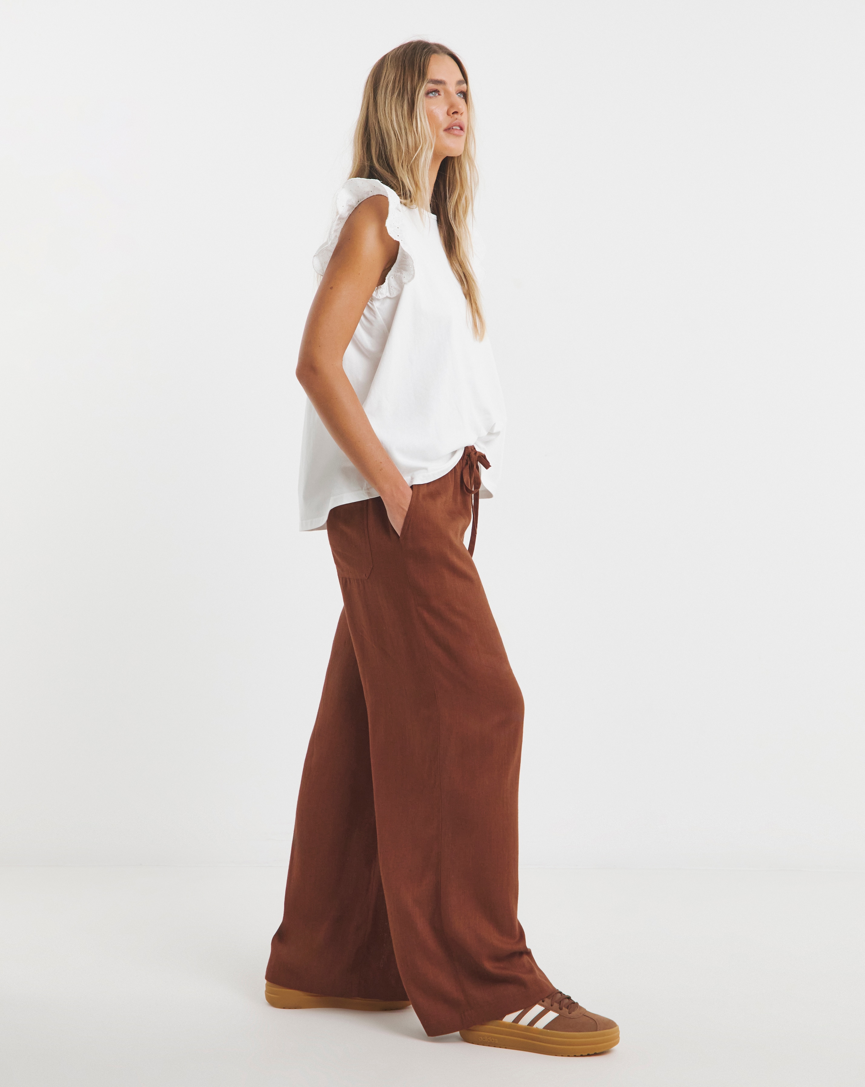 Tie Waist Wide Leg Linen Mix Trousers