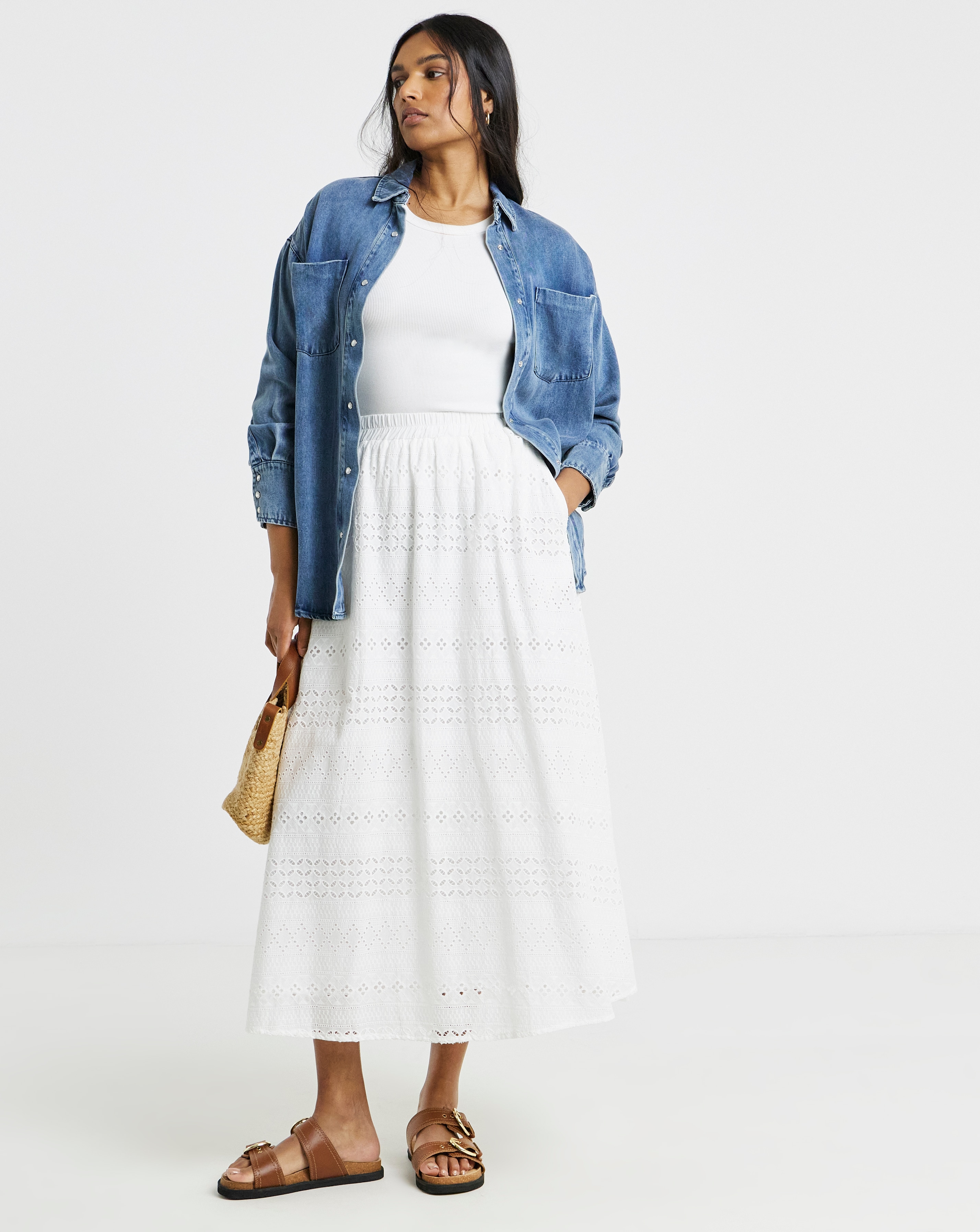 White Boho Broderie Full Midaxi Skirt