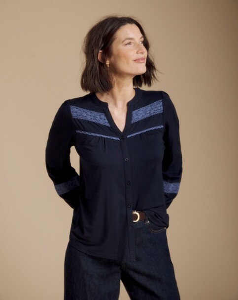 New In - Julipa Navy Lace Trim Jersey Blouse