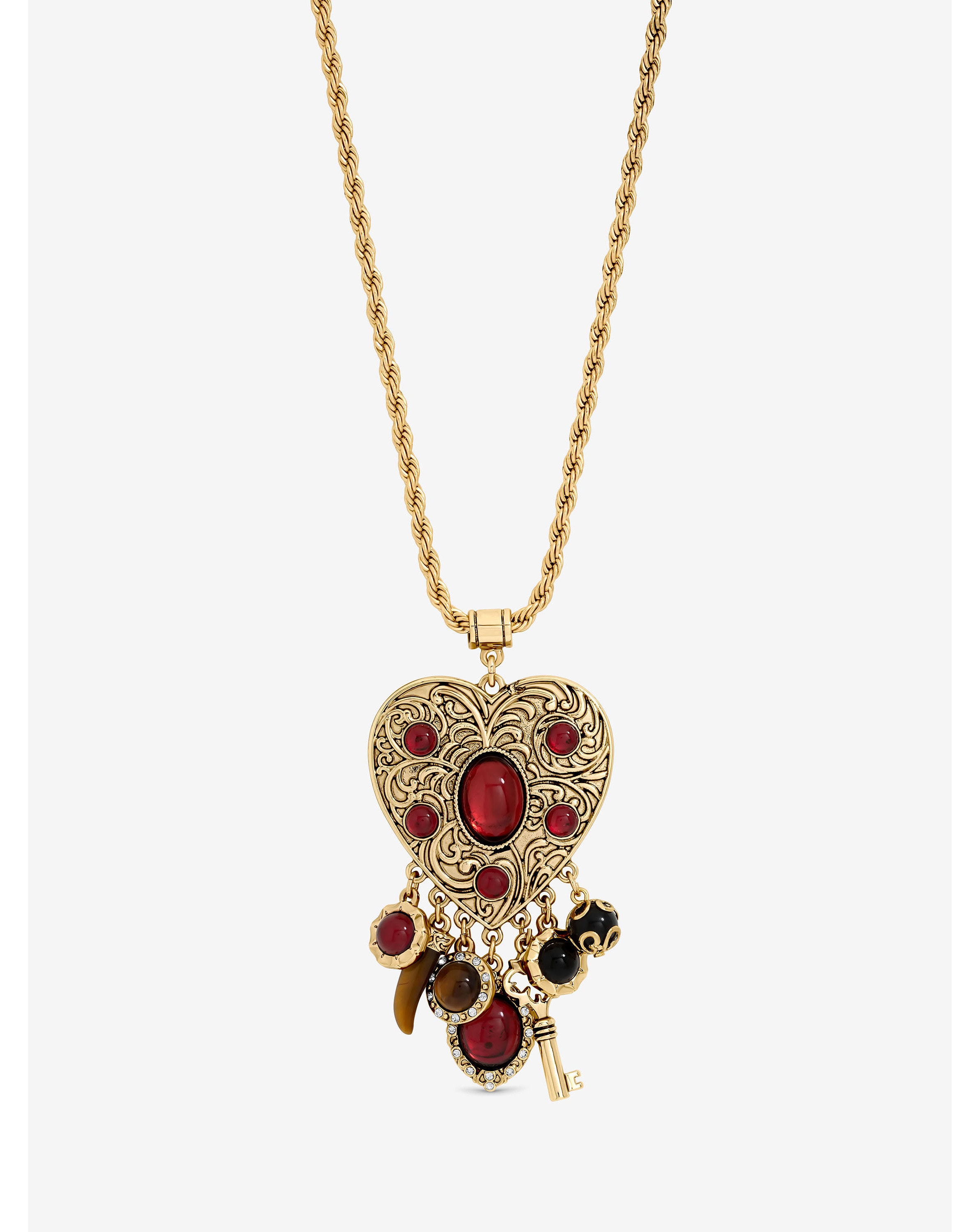 Gold & Red Heart Charm Long Necklace