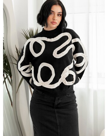 Lovedrobe Black Jumper With Contrasting Satin Squiggle Applique