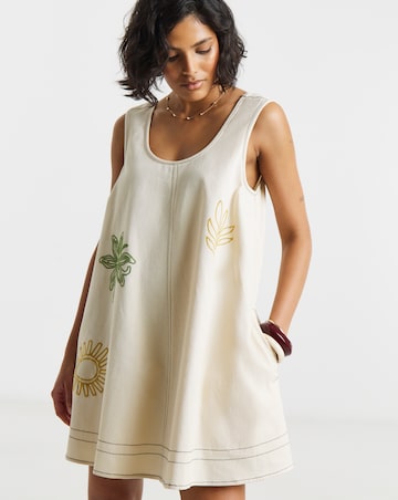 Native Youth Cotton Twill Swing Mini Dress With Cross Stick Embroidery