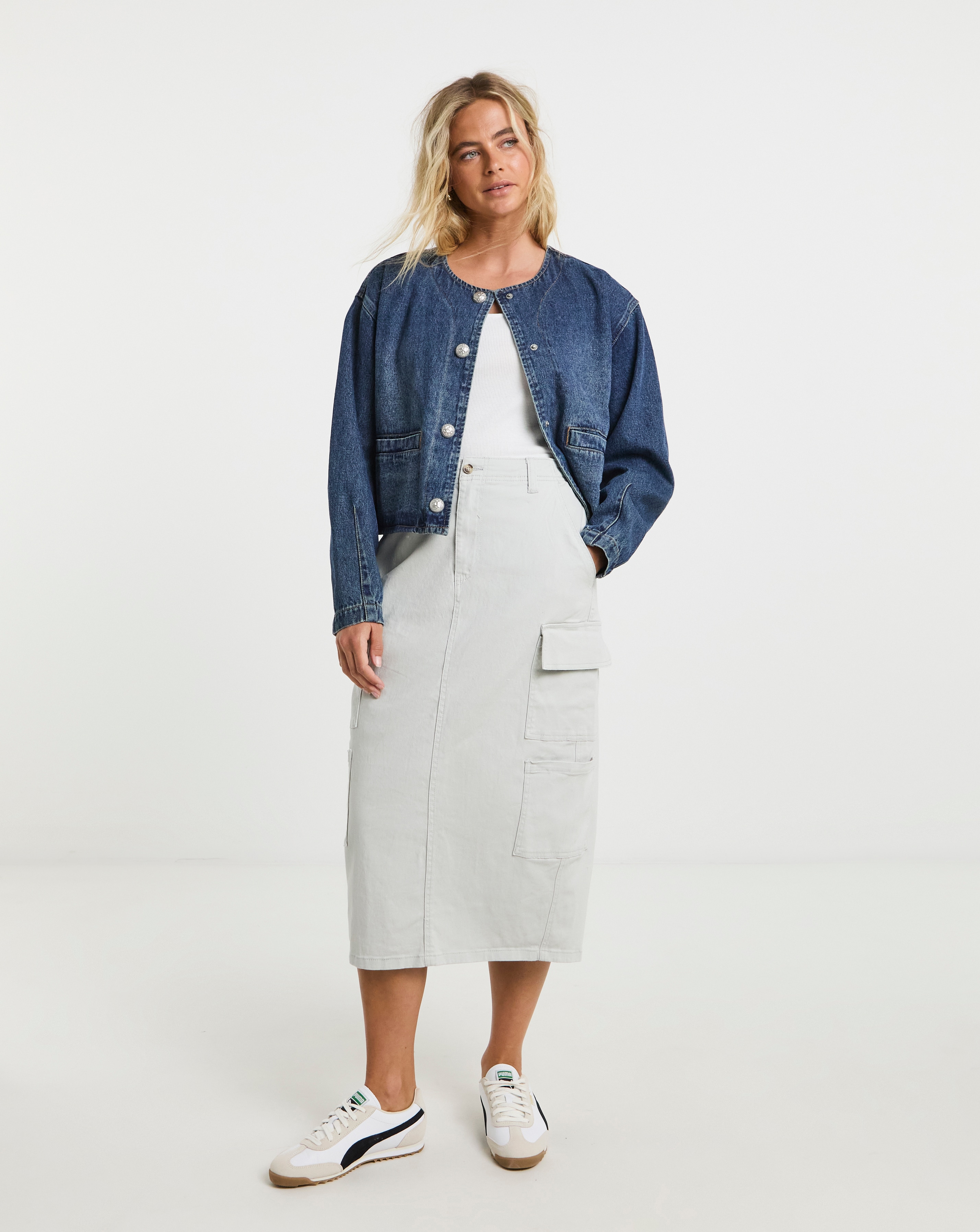 Light Grey Pocket Cargo Midi Skirt