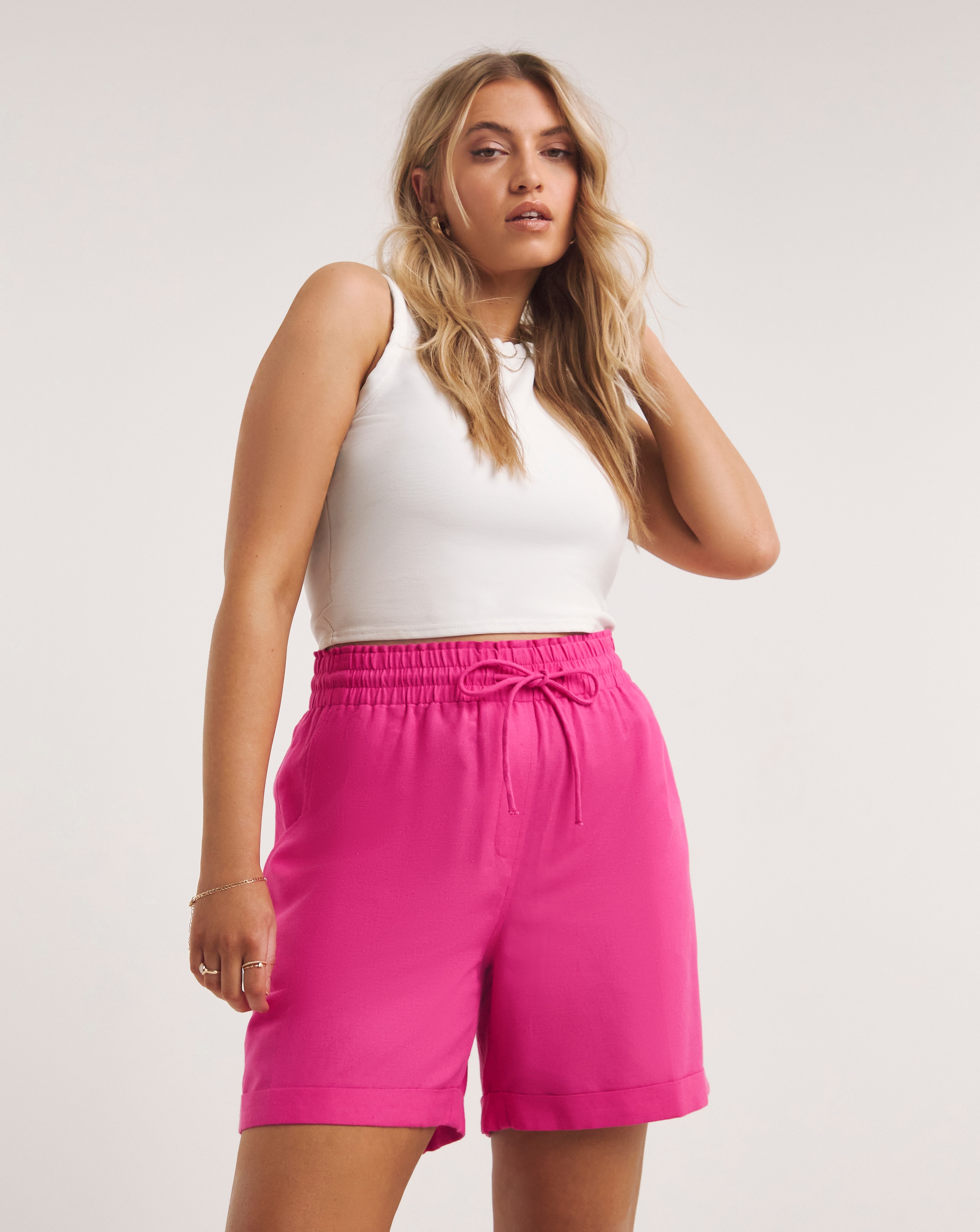 Hot Pink Linen Mix Tie Waist Short