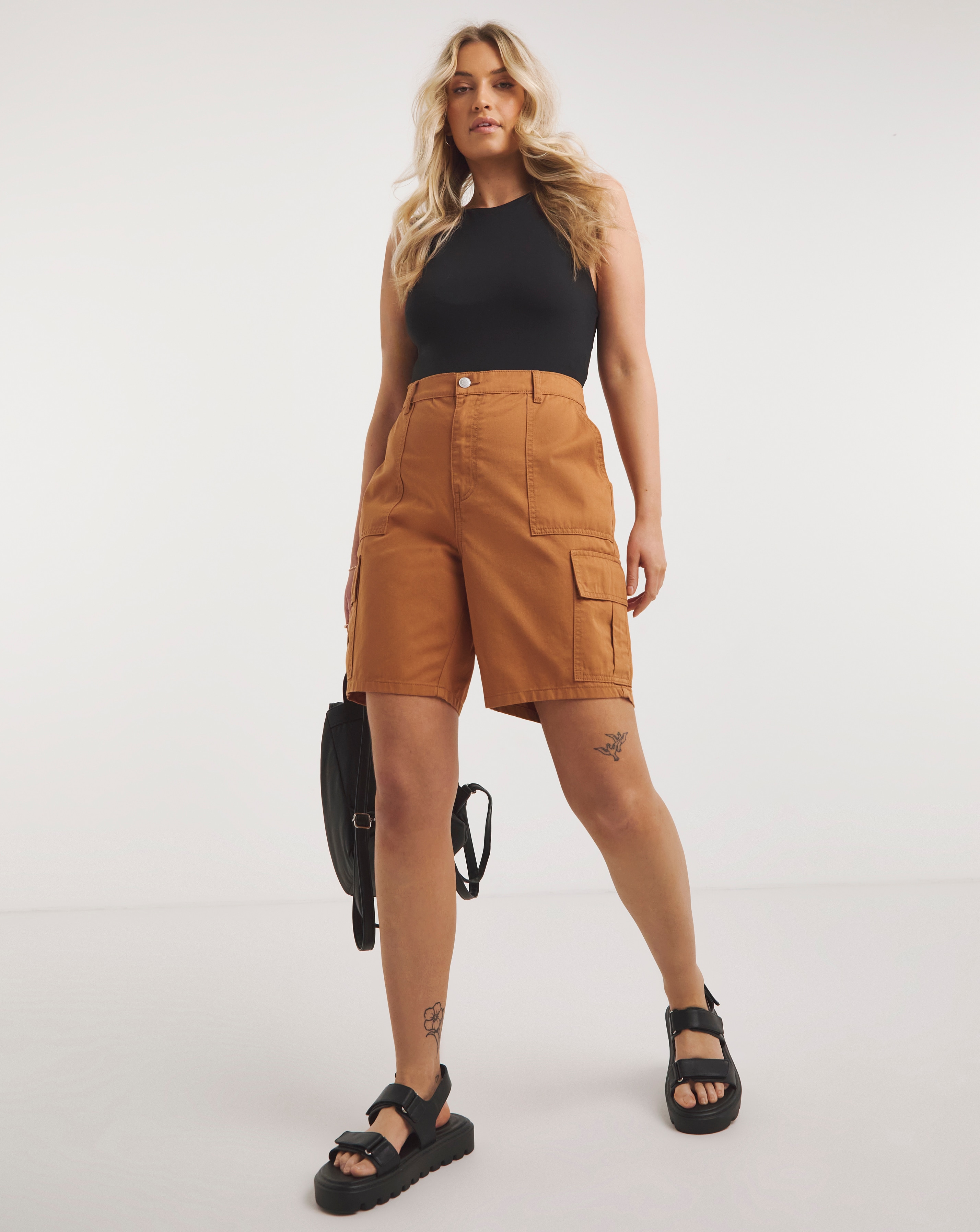 Camel Cargo Longer Length Utility Short