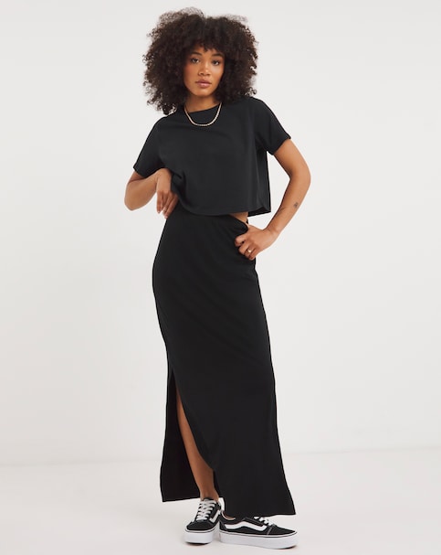 Black Side Split Jersey Maxi Skirt