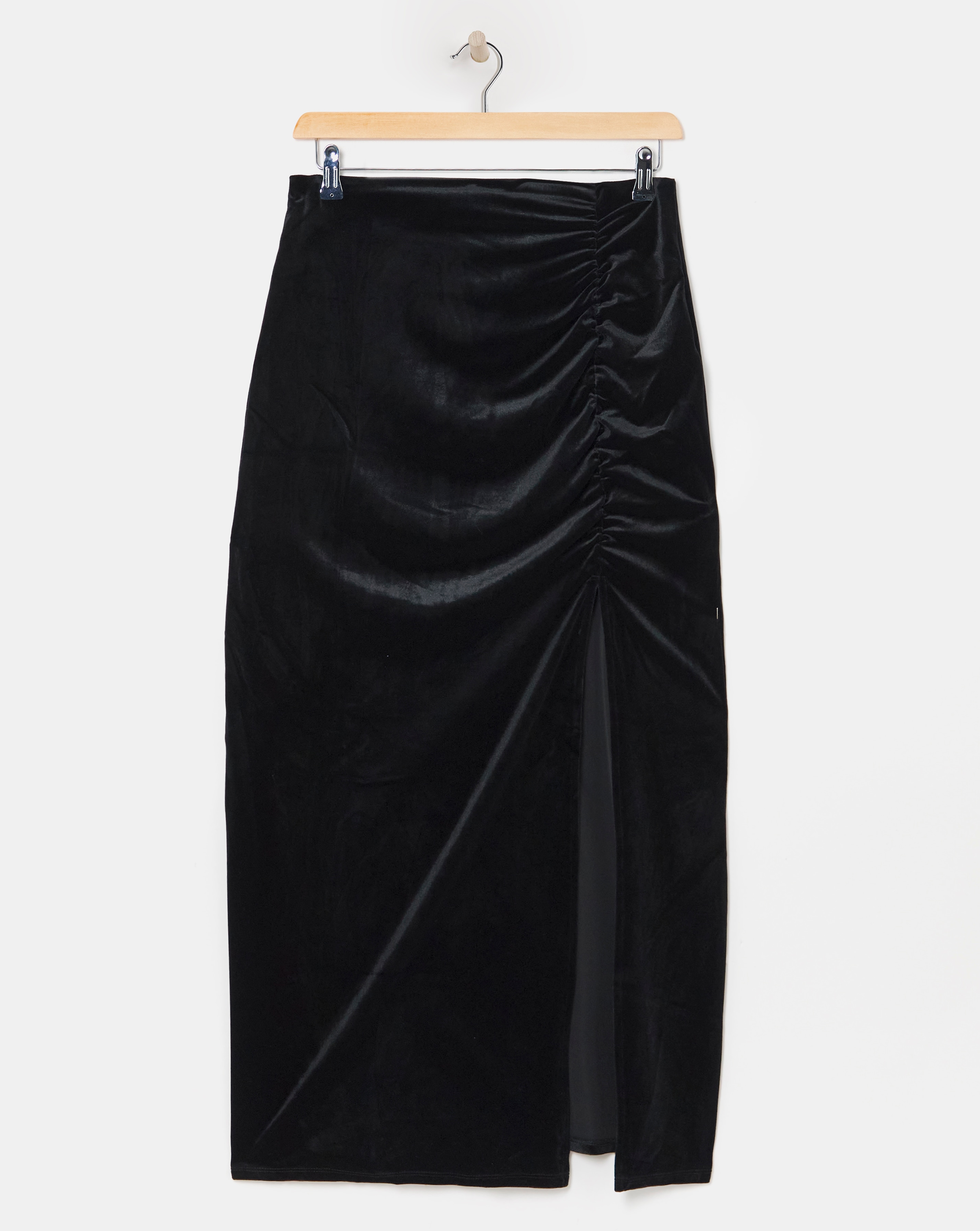Black Side Split Velour Maxi Skirt