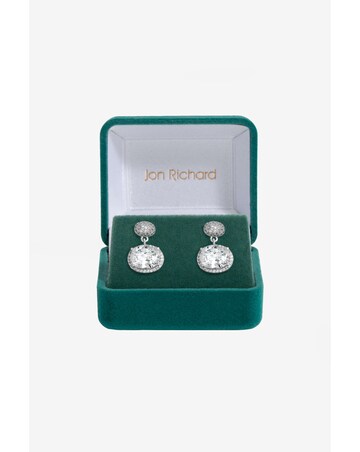 Jon Richard Rhodium Plated CZ Micro Pave Oval Drop Earrings - Gift Boxed