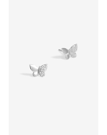 Simply Silver Sterling Silver 925 Polished and Pave Butterfly Stud Earrings