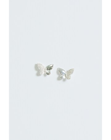 Simply Silver Sterling Silver 925 Polished and Pave Butterfly Stud Earrings
