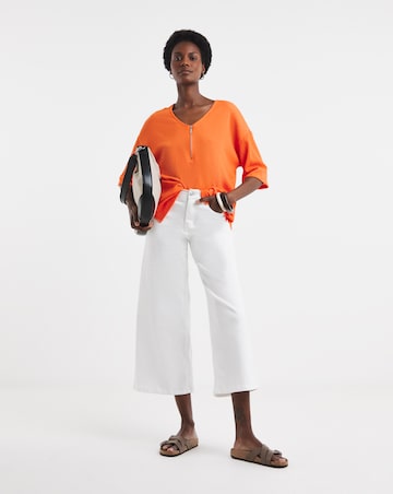 Orange Textured V-Neck Zip Front Short Sleeve Longline Top