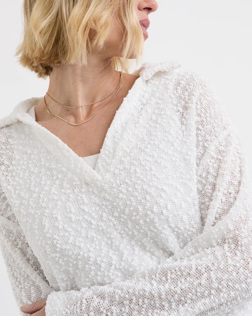 Boucle V-Neck Collared Long Sleeve Top