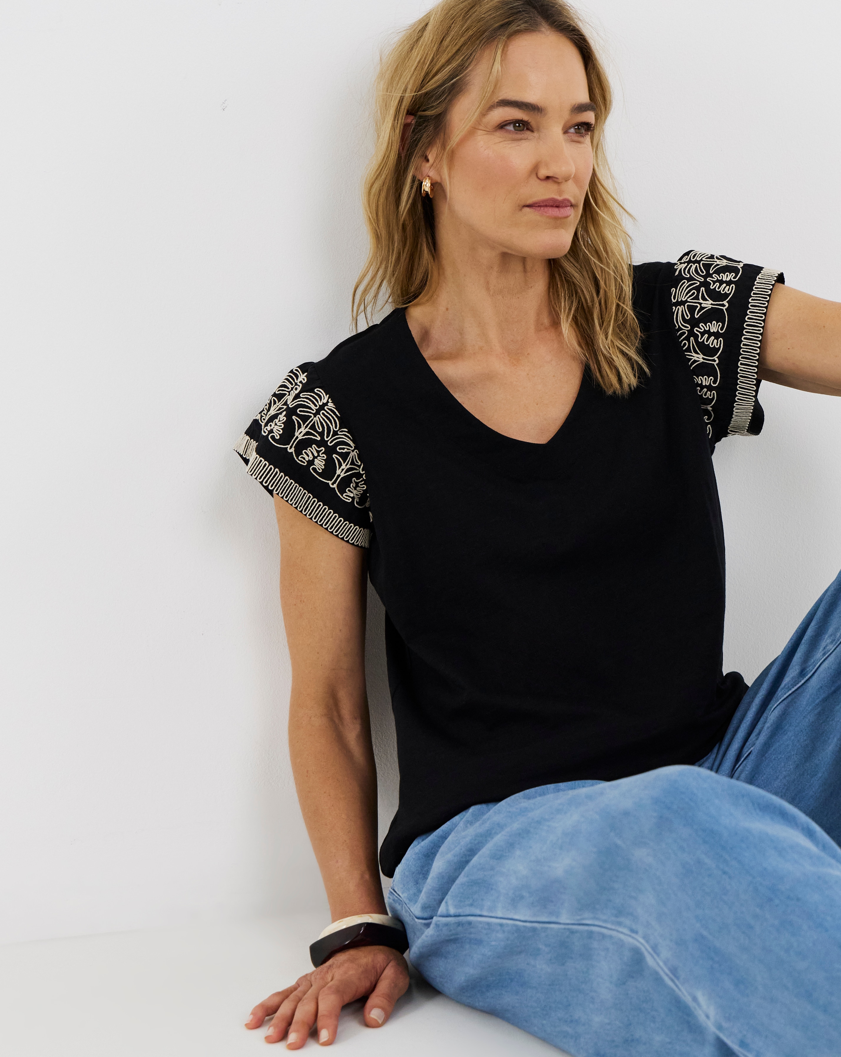 New In - V-Neck Embroidered Sleeve T-Shirt