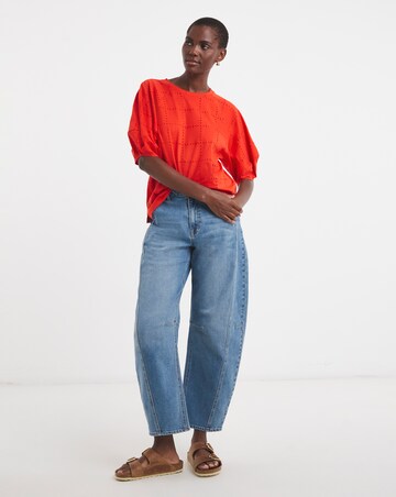 Broderie Crew Neck Lantern Sleeve Top