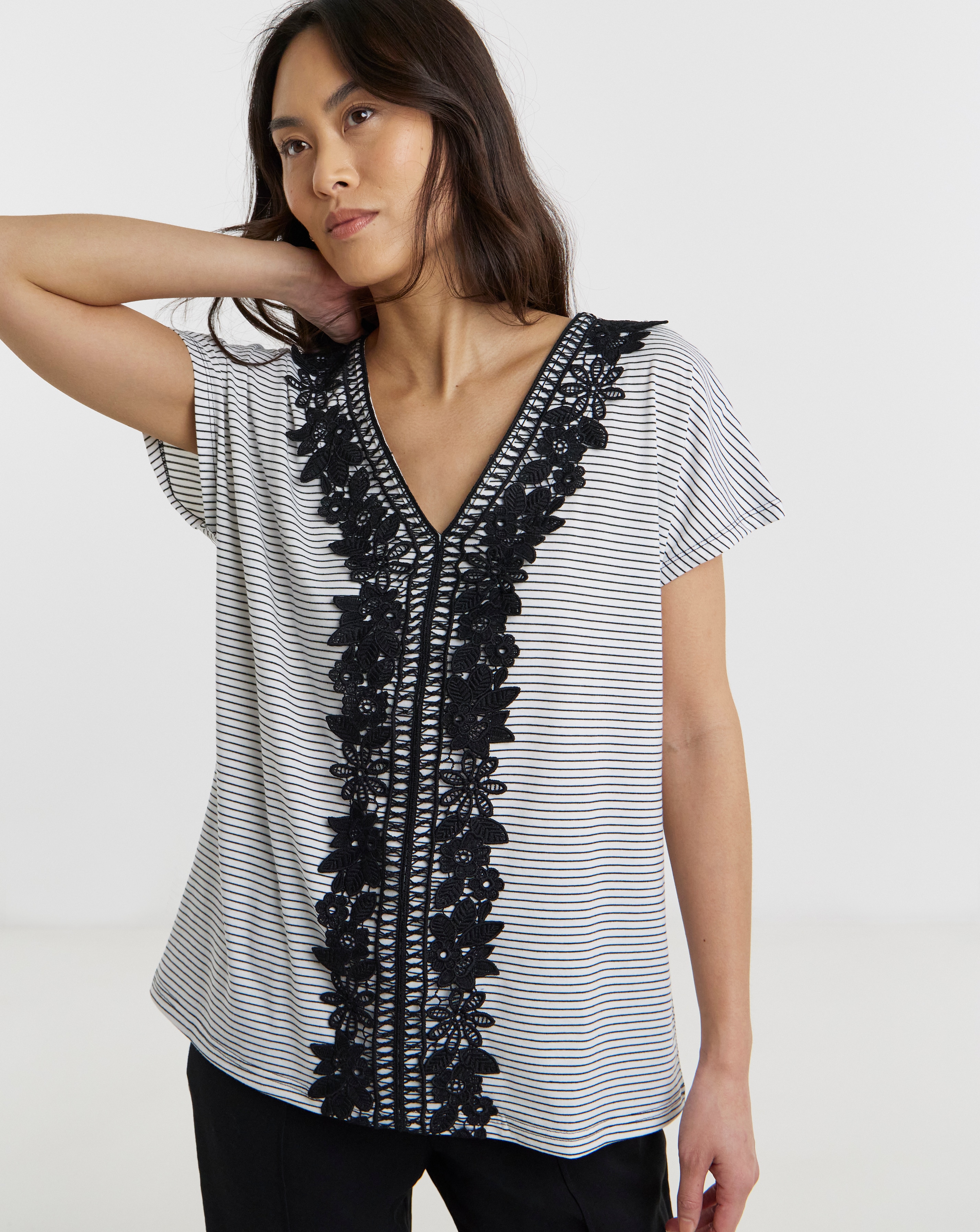 Stripe Lace Neckline T-Shirt