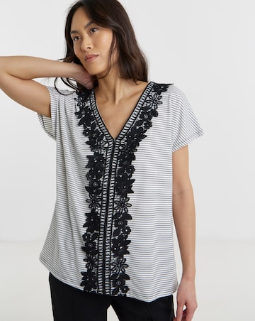 Stripe Lace Neckline T-Shirt