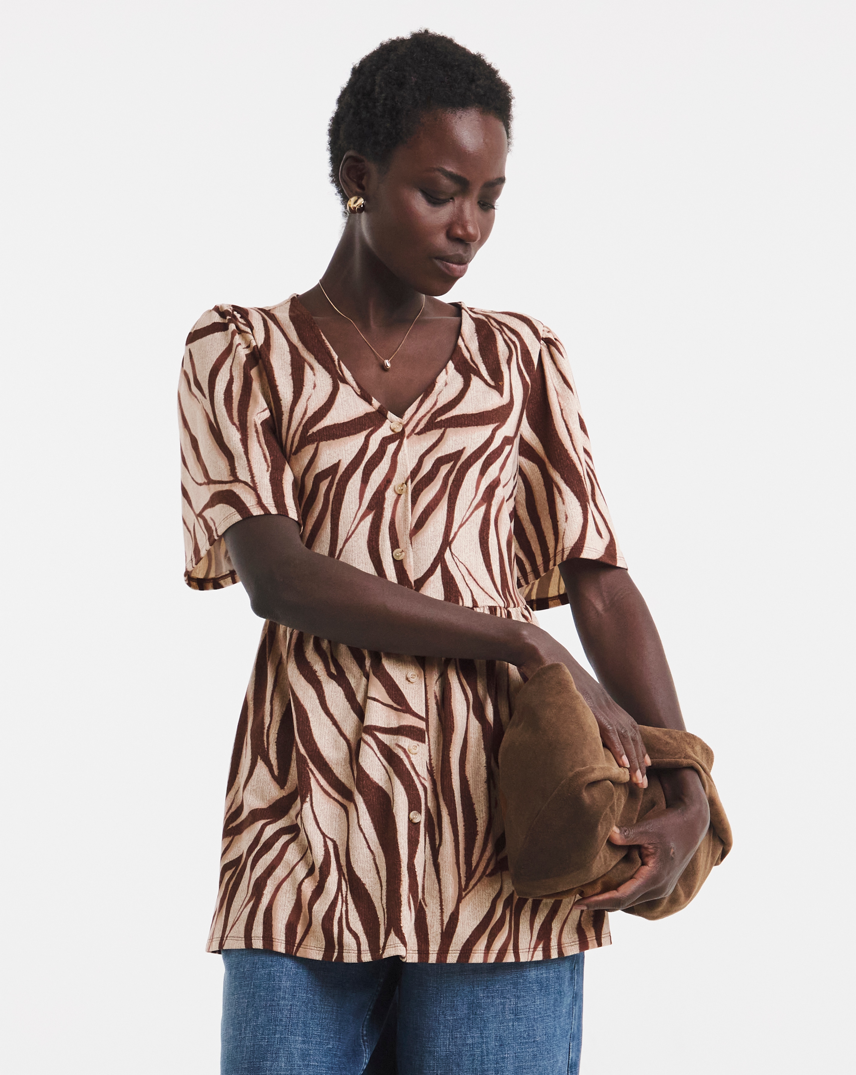 Button Front Angel Sleeve Top Longline