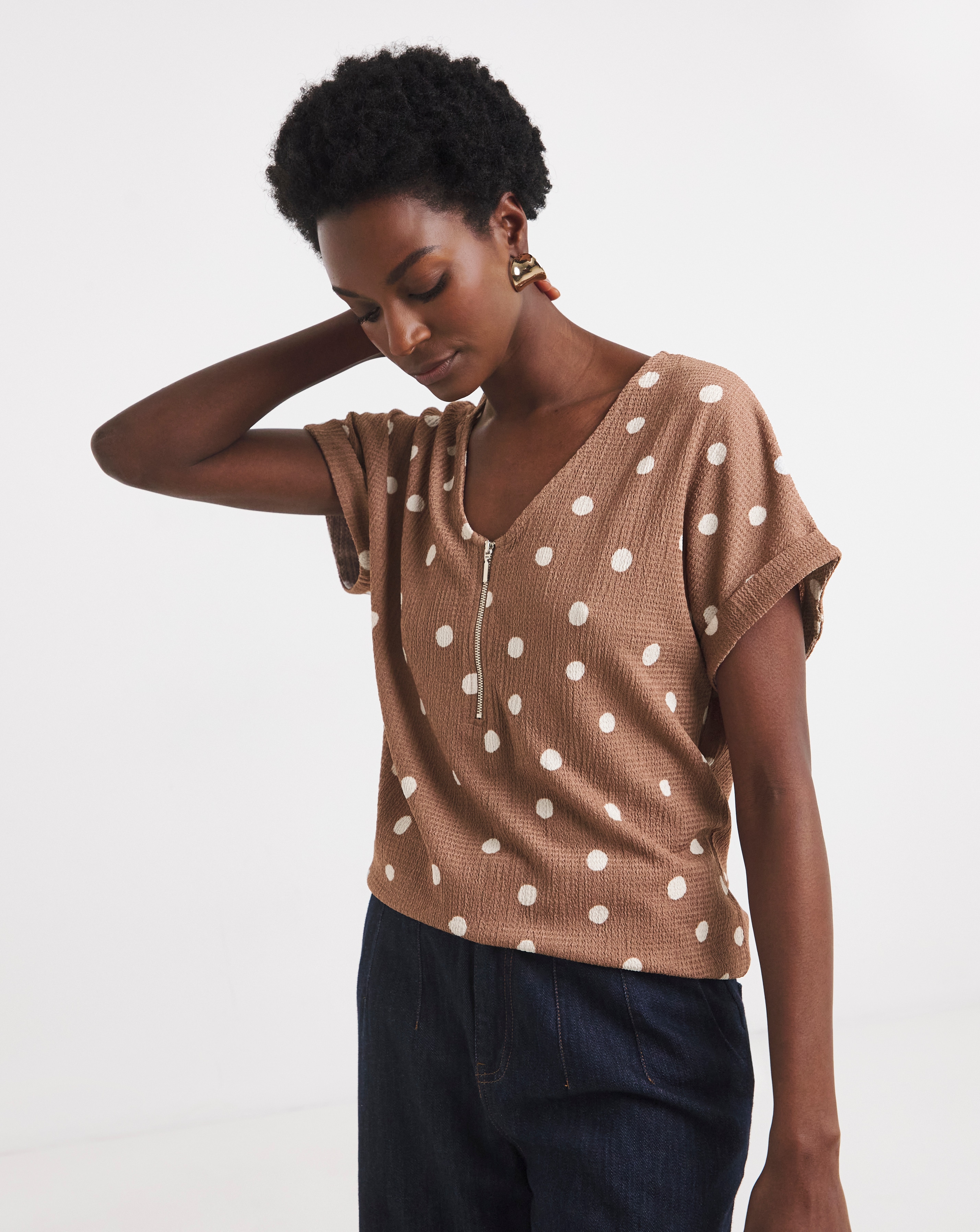 Textured V-Neck Zip Front Longline Top