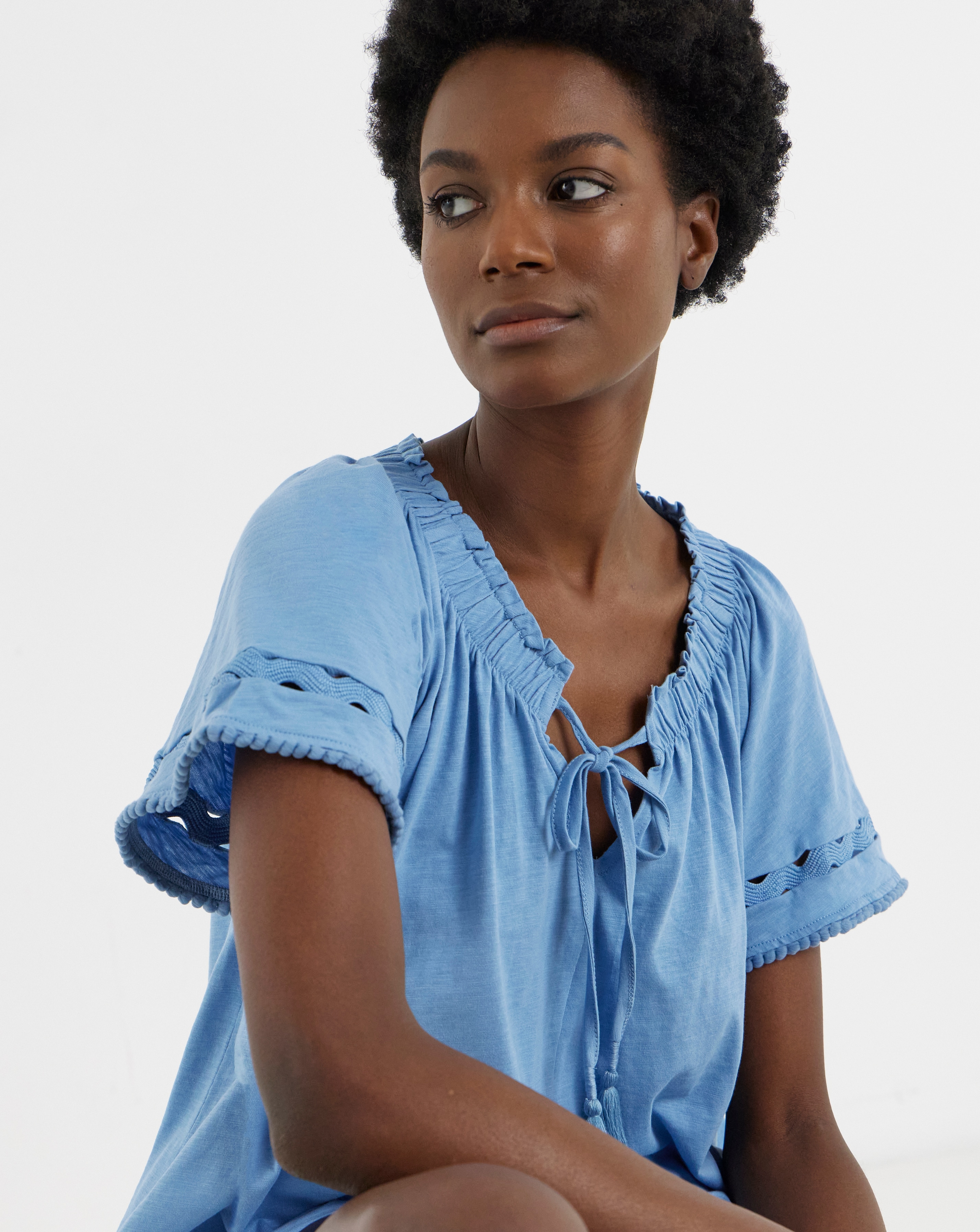 Ladder Insert Tie Neck Angel Sleeve Top