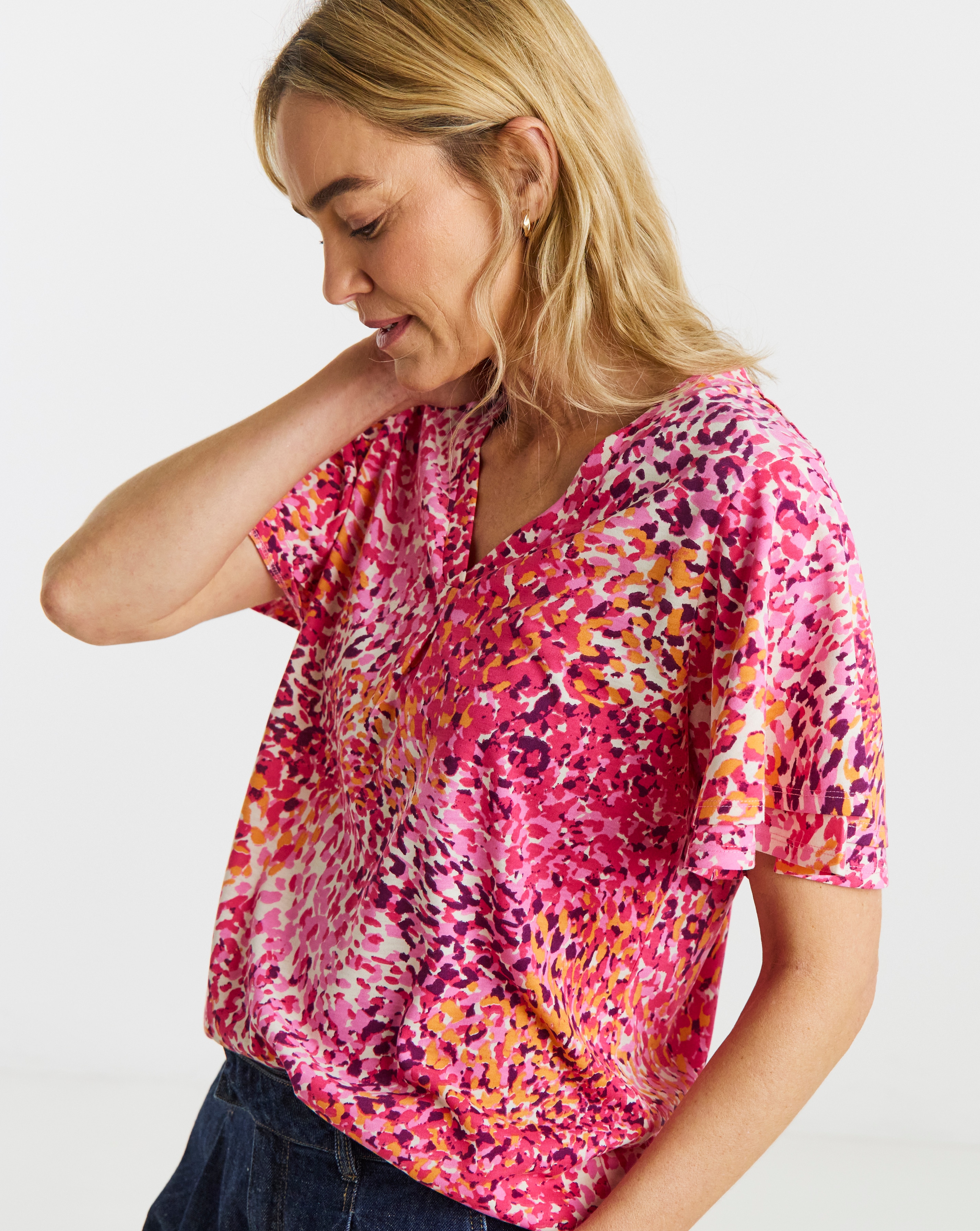 New In - Pink Double Angel Sleeve V Neck Top