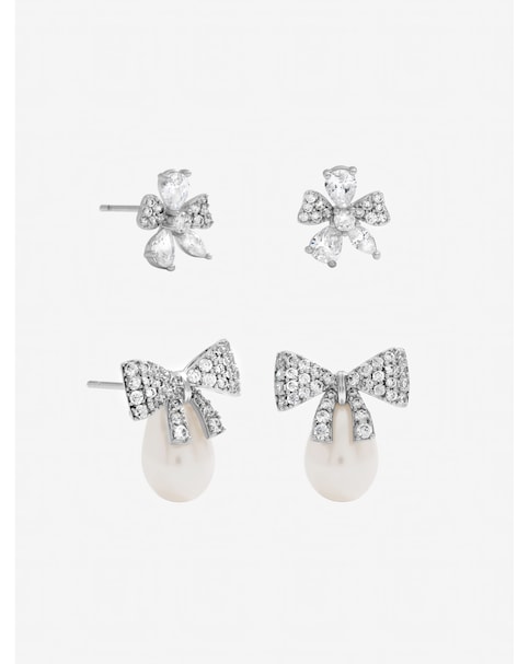 Jon Richard Rhodium Plated Pearl and Pave Bow Earrings - Pack of 2