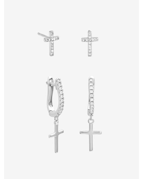 Inicio Sterling Silver Plated Cross Hoop and Stud Earrings - Pack of 2