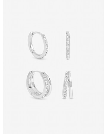 Inicio Sterling Silver Plated Polished And Pave Hoops - Pack of 2