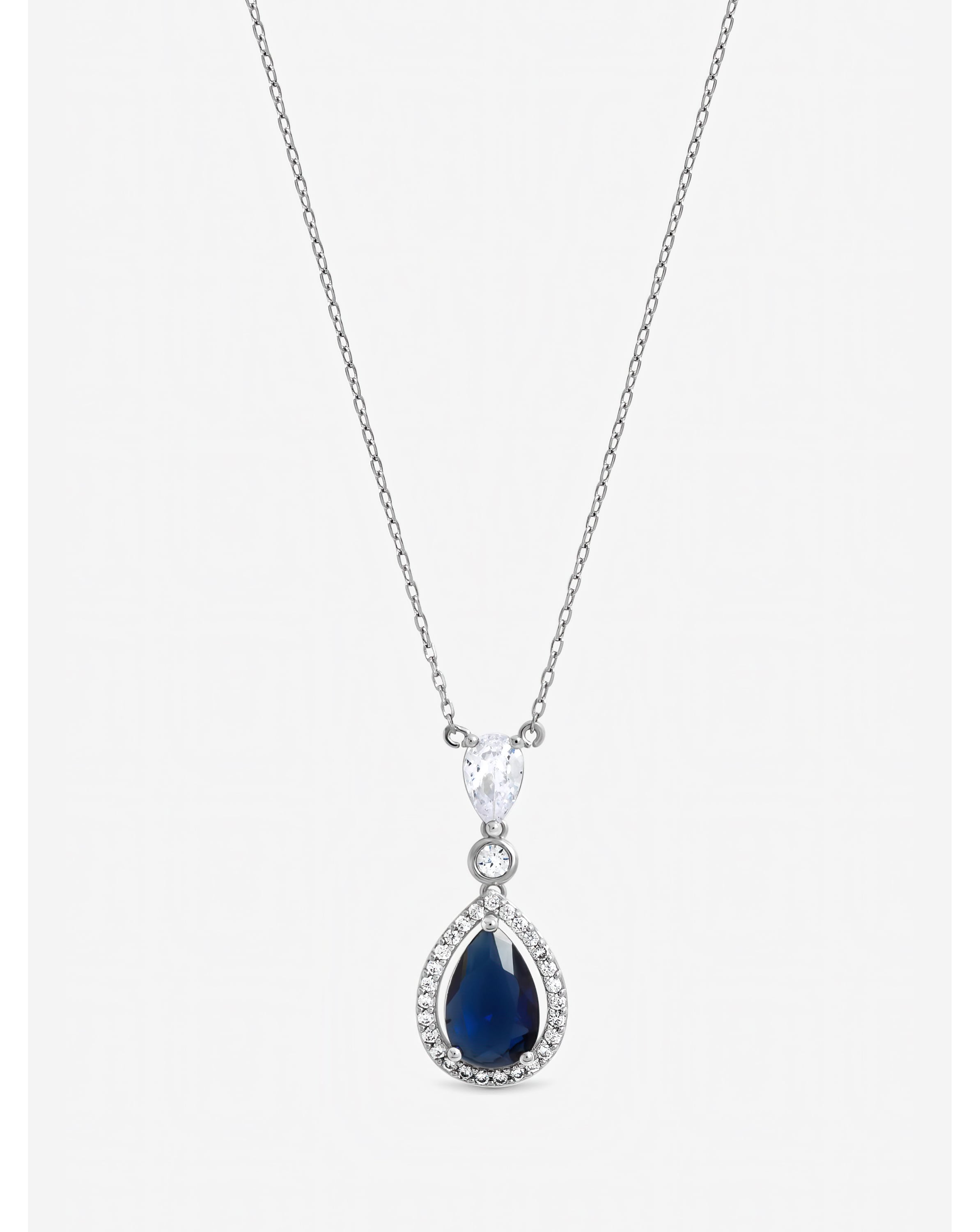 Rhodium Plated Blue CZ Pendant Necklace