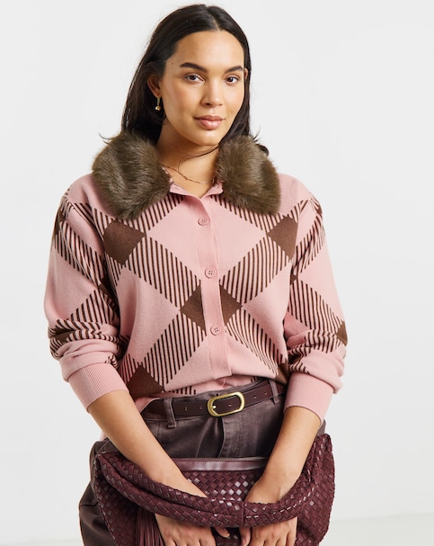 New In - Fur Collar Checked Cardigan
