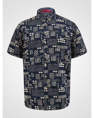 RICK-D555 Navy Geometric AO Print Short Sleeve Button Down Collar Shirt