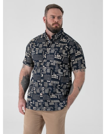 RICK-D555 Navy Geometric AO Print Short Sleeve Button Down Collar Shirt