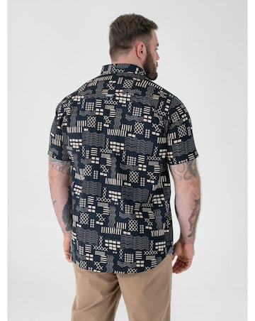 RICK-D555 Navy Geometric AO Print Short Sleeve Button Down Collar Shirt