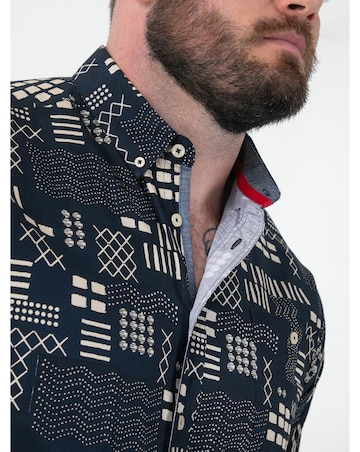 RICK-D555 Navy Geometric AO Print Short Sleeve Button Down Collar Shirt