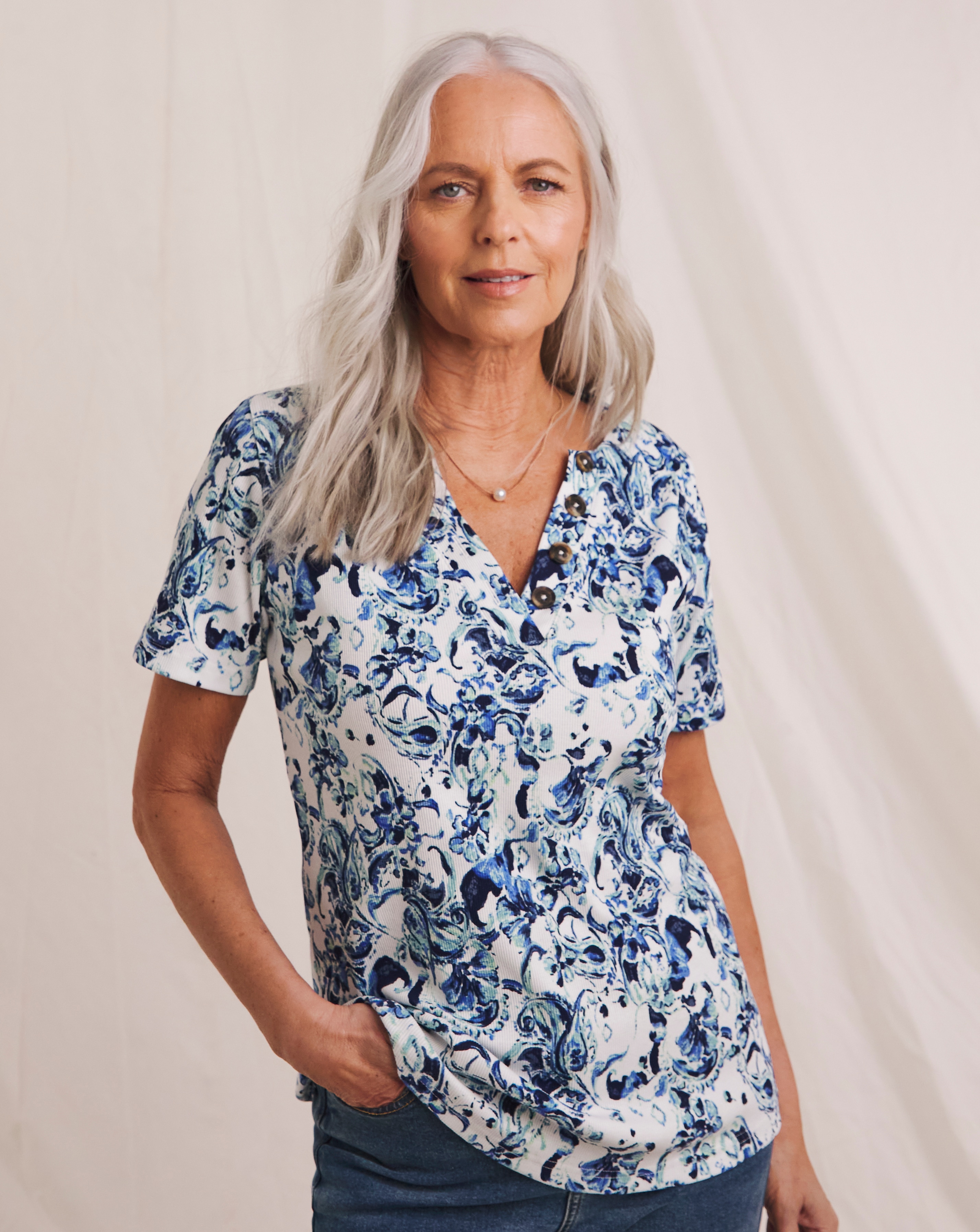 Julipa Printed Pure Cotton Henley Top