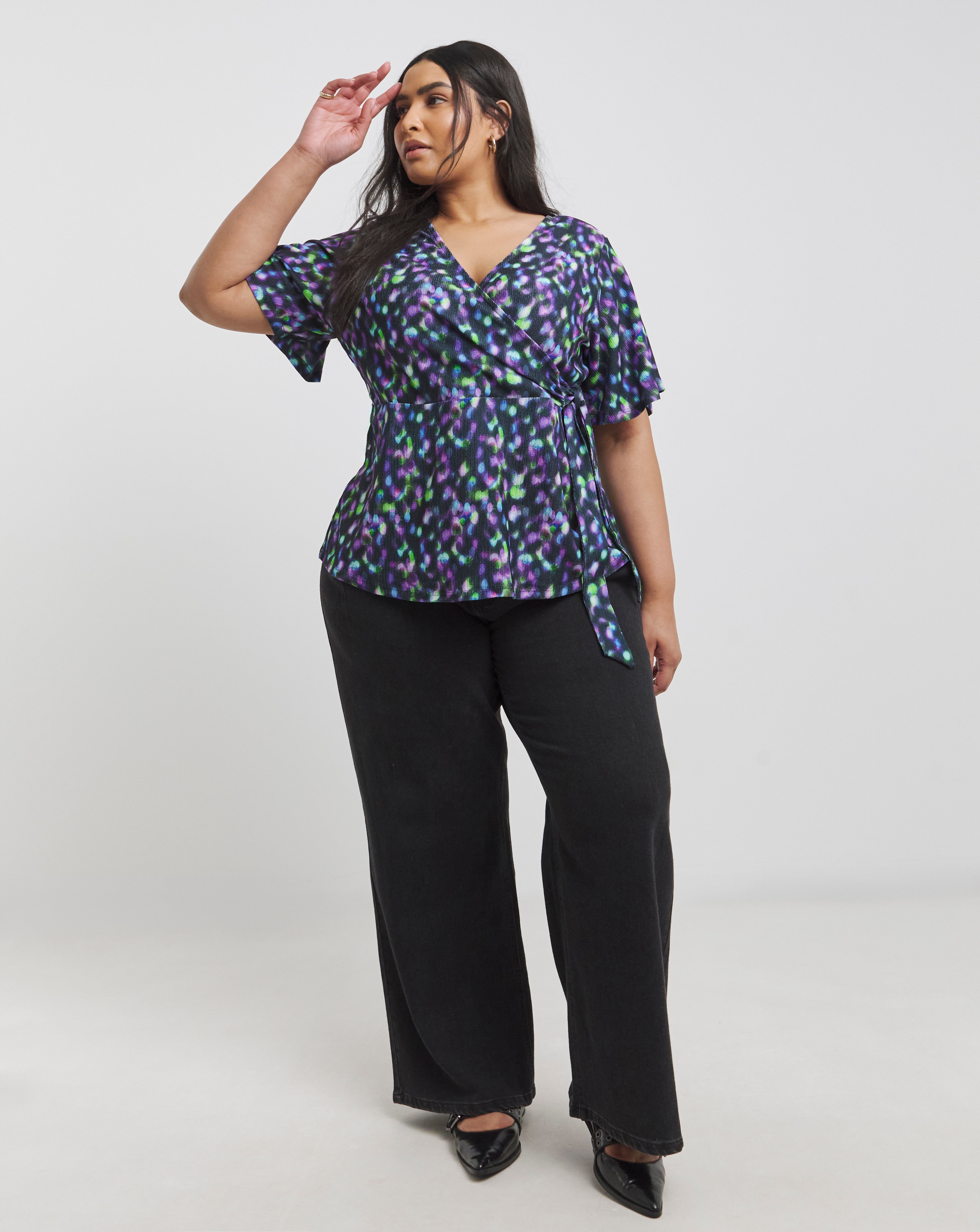 Spot Print Angel Sleeve Wrap Top