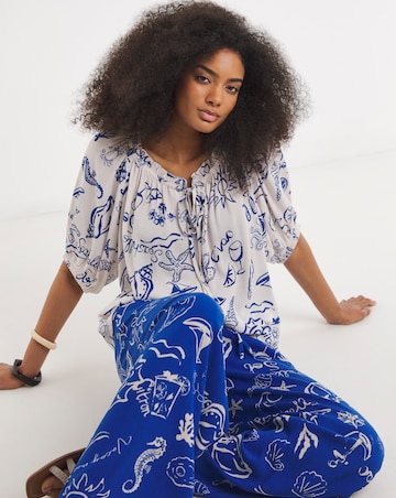 Blue Print Crinkle Frill Edge Smock Blouse