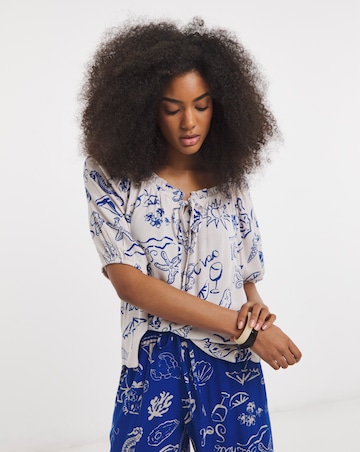 Blue Print Crinkle Frill Edge Smock Blouse