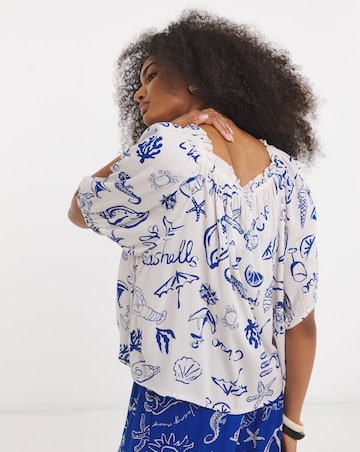 Blue Print Crinkle Frill Edge Smock Blouse