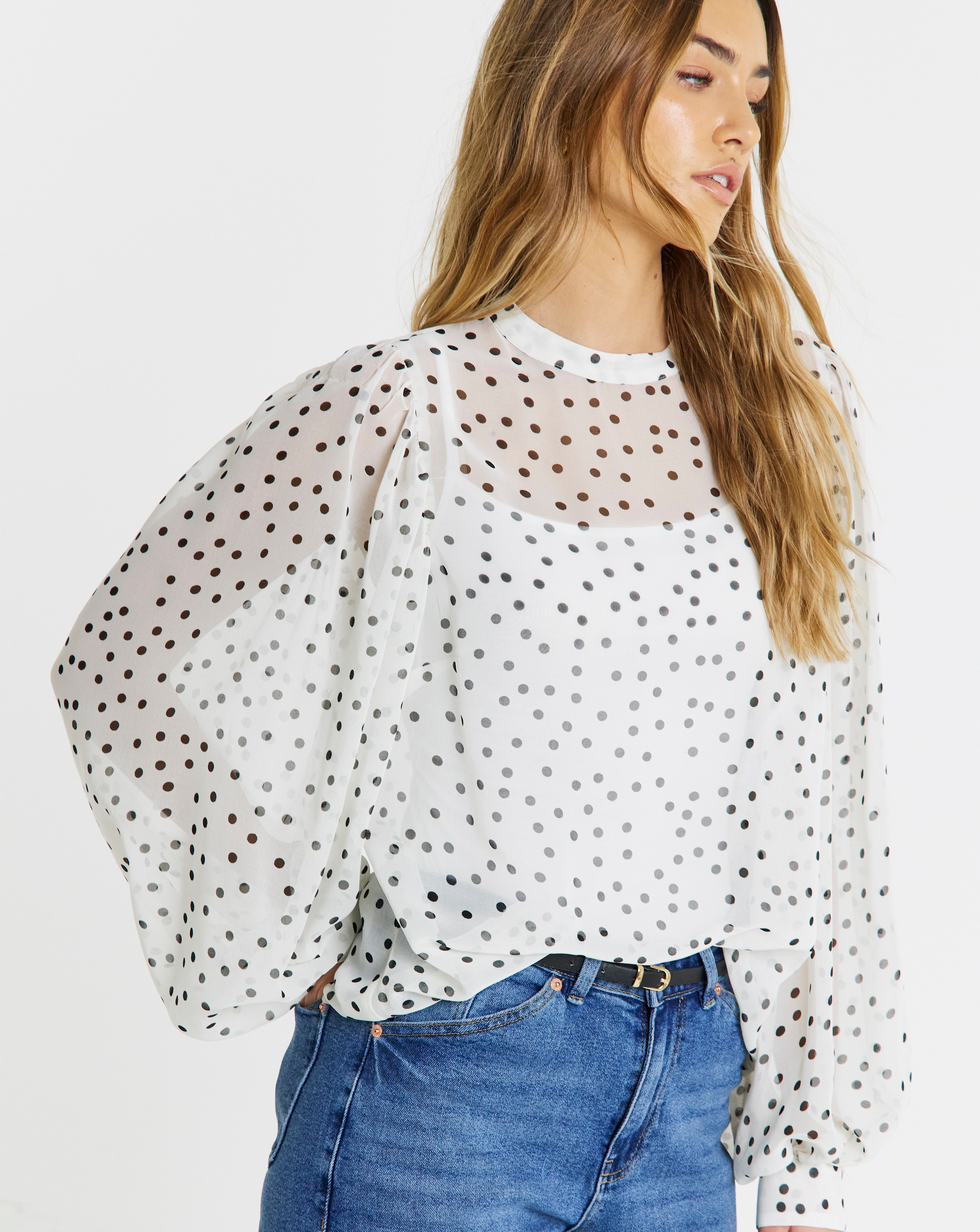 Spot Print Exaggerated Sleeve Blouse