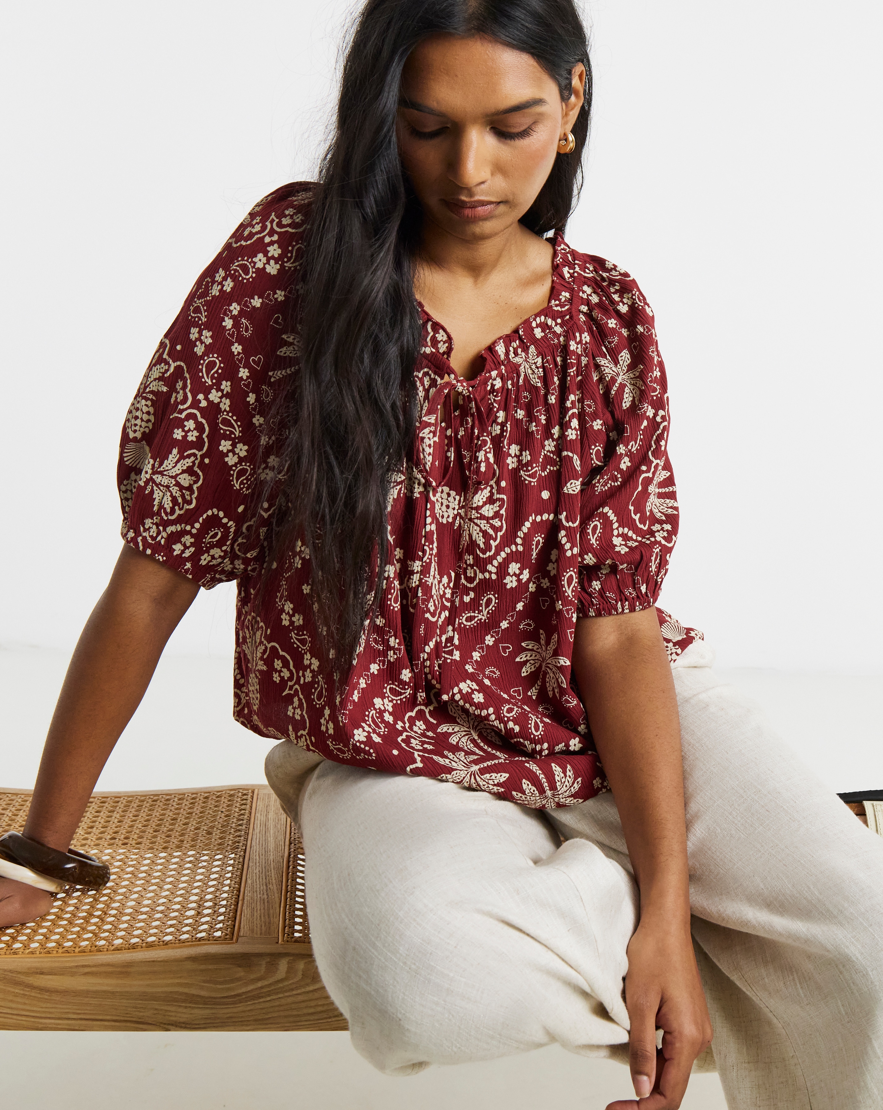 New In - Scarf Print Crinkle Smock Blouse