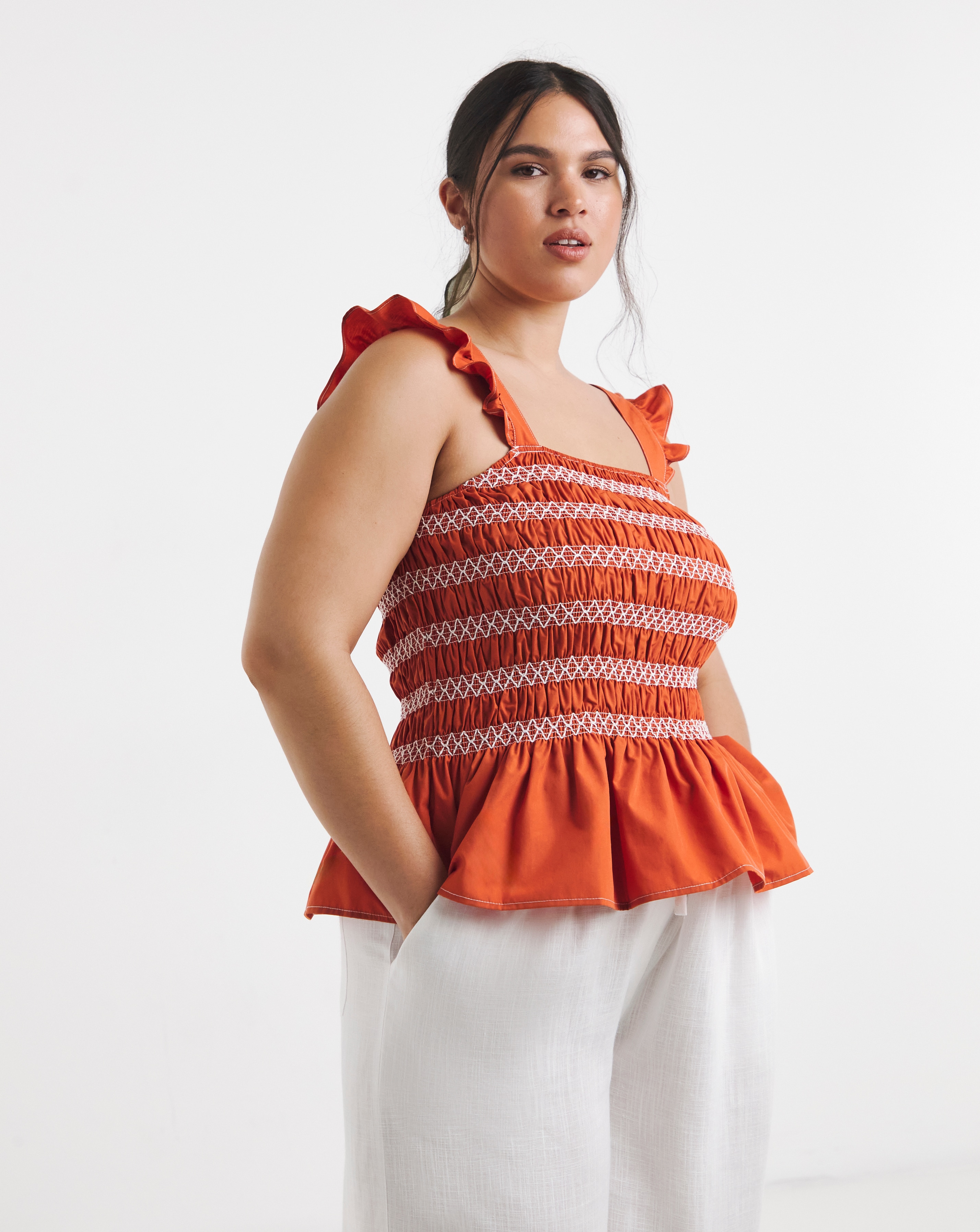 New In - Rust Shirred Flutter Sleeve Blouse