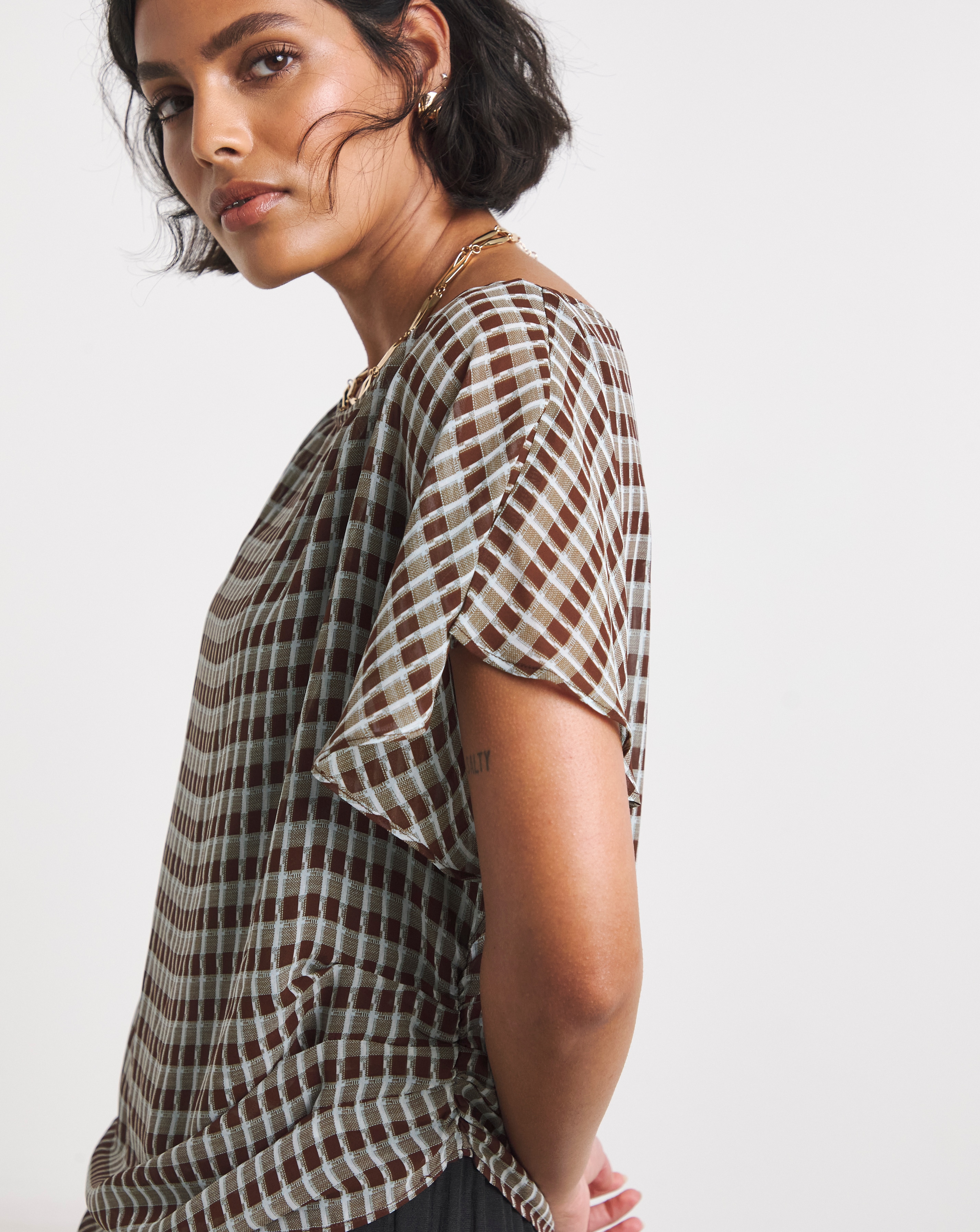 New In - Check Chiffon Draped Top